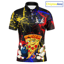 Load image into Gallery viewer, Front views of a black bowling polo featuring colorful red, yellow, and blue paint splatter graphics, a cartoon pizza slice mascot, bowling pins, and custom your name text.