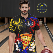 Load image into Gallery viewer, Man wearing a black bowling polo featuring colorful red, yellow, and blue paint splatter graphics, a cartoon pizza slice mascot, bowling pins, and custom your name text.