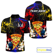 Load image into Gallery viewer, Front and back views of a black bowling quarter zip featuring colorful red, yellow, and blue paint splatter graphics, a cartoon pizza slice mascot, bowling pins, and custom team text.