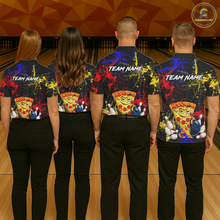 Load image into Gallery viewer, Four people wearing black bowling quarter zip featuring colorful red, yellow, and blue paint splatter graphics, a cartoon pizza slice mascot, bowling pins, and custom team name text.