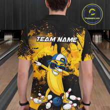 Load image into Gallery viewer, Man wearing a black and yellow bowling polo featuring a cool banana mascot dabbing, bowling pins, a blue bowling ball, and custom team text.