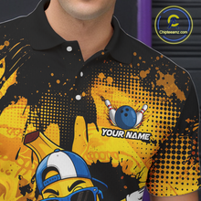 Load image into Gallery viewer, Person wearing a black and yellow polo shirt with a bowling design and 'Your Name' text.