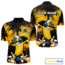 Load image into Gallery viewer, Front and back views of a black and yellow bowling quarter zip featuring a cool banana mascot dabbing, bowling pins, a blue bowling ball, and custom team text.