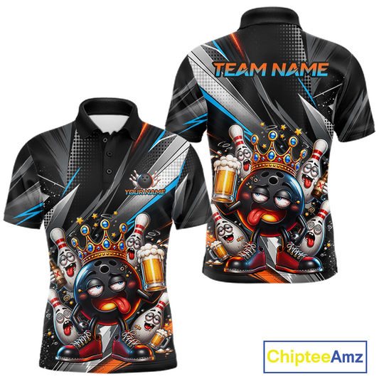 Front and back view personalized bowling polo shirt with a crowned bowling ball character surrounded by pins and angled graphic patterns across a black layout.