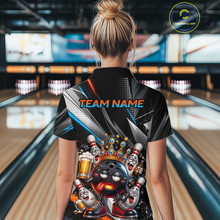 Load image into Gallery viewer, Women wearing personalized bowling quarter zip shirt with a crowned bowling ball character surrounded by pins and angled graphic patterns across a black layout.