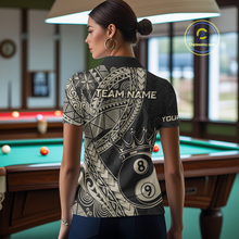 Load image into Gallery viewer, Women wearing personalized billiards polo shirt with crowned eight and nine ball artwork integrated into flowing geometric patterns on a black layout.