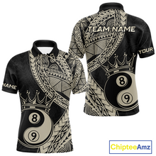 Load image into Gallery viewer, Front and back view personalized billiards polo shirt with crowned eight and nine ball artwork integrated into flowing geometric patterns on a black layout.