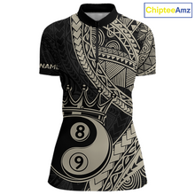 Load image into Gallery viewer, Front view personalized billiards quarter zip shirt with crowned eight and nine ball artwork integrated into flowing geometric patterns on a black layout.