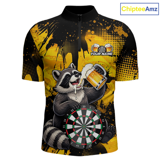 Front views of a black and yellow darts quarter zip featuring a raccoon drinking beer, dartboard graphics, and custom team and player name text.
