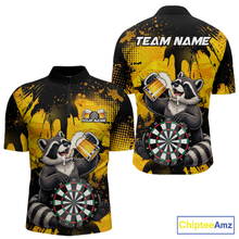 Load image into Gallery viewer, Front and back views of a black and yellow darts quarter zip featuring a raccoon drinking beer, dartboard graphics, and custom team and player name text.