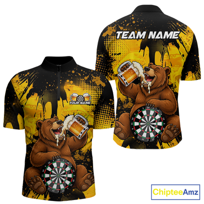Front and back views of a black and yellow darts quarter zip featuring a bear drinking beer, dartboard graphics, and custom team and player name text.
