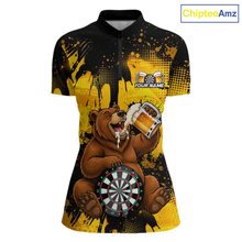 Load image into Gallery viewer, Polo shirt with bear holding a beer and dartboard design, brand 'ChipteeAmz' visible.