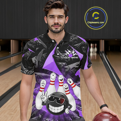 A man wearing a black and purple bowling-themed polo shirt with cartoon bowling pins and a bowling ball graphic, standing in a bowling alley holding a bowling ball. A circular 'Chipleamz.