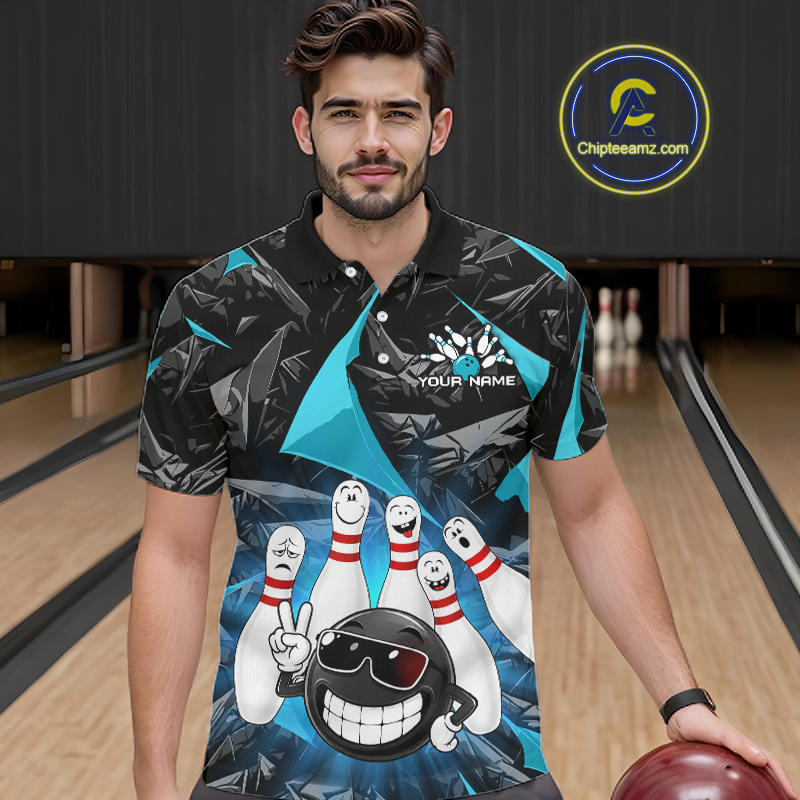A man wearing a custom bowling-themed short-sleeve polo shirt with a graphic print of bowling pins, a bowling ball, and a cartoon character, standing in a bowling alley. A circular 'Chipeamz.