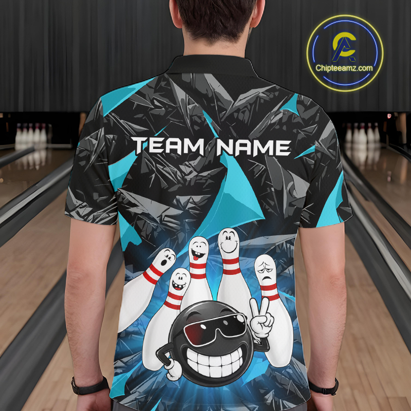 A person viewed from behind wearing a short-sleeve bowling-themed shirt with a black and blue geometric pattern and bowling pins/ball graphic. Bowling lanes are visible in the background, and a Chipteamz logo appears in the top right.
