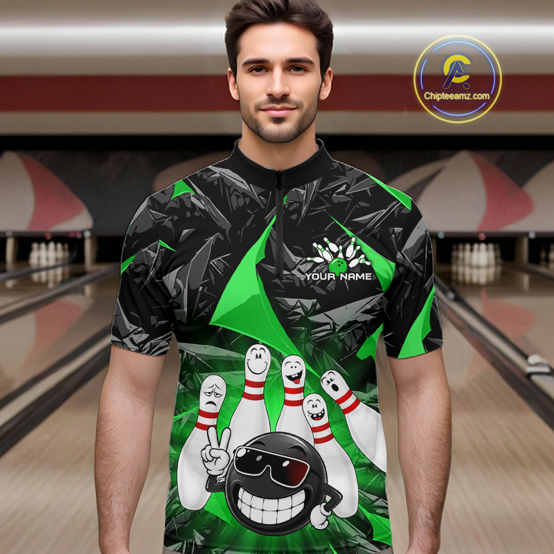 A man wearing a short-sleeve bowling-themed t-shirt with a black and green leaf pattern, featuring cartoon bowling pins, a bowling ball, and the text 'YOUR NAME'. The background shows blurred bowling lanes, and a 'Chipteamz.