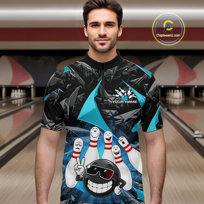 A man wearing a custom bowling-themed short-sleeve polo shirt with a black and teal geometric pattern and a graphic of bowling pins and a bowling ball. The shirt has a placeholder logo on the chest and a 'Chipteamz' watermark in the top right corner.