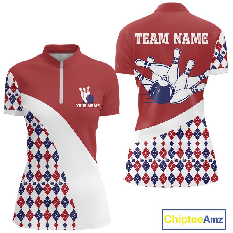 Custom Red White Argyle Pattern Bowling Jersey for Women Bowling Team Shirts Polo & 1/4 Zip HNT499