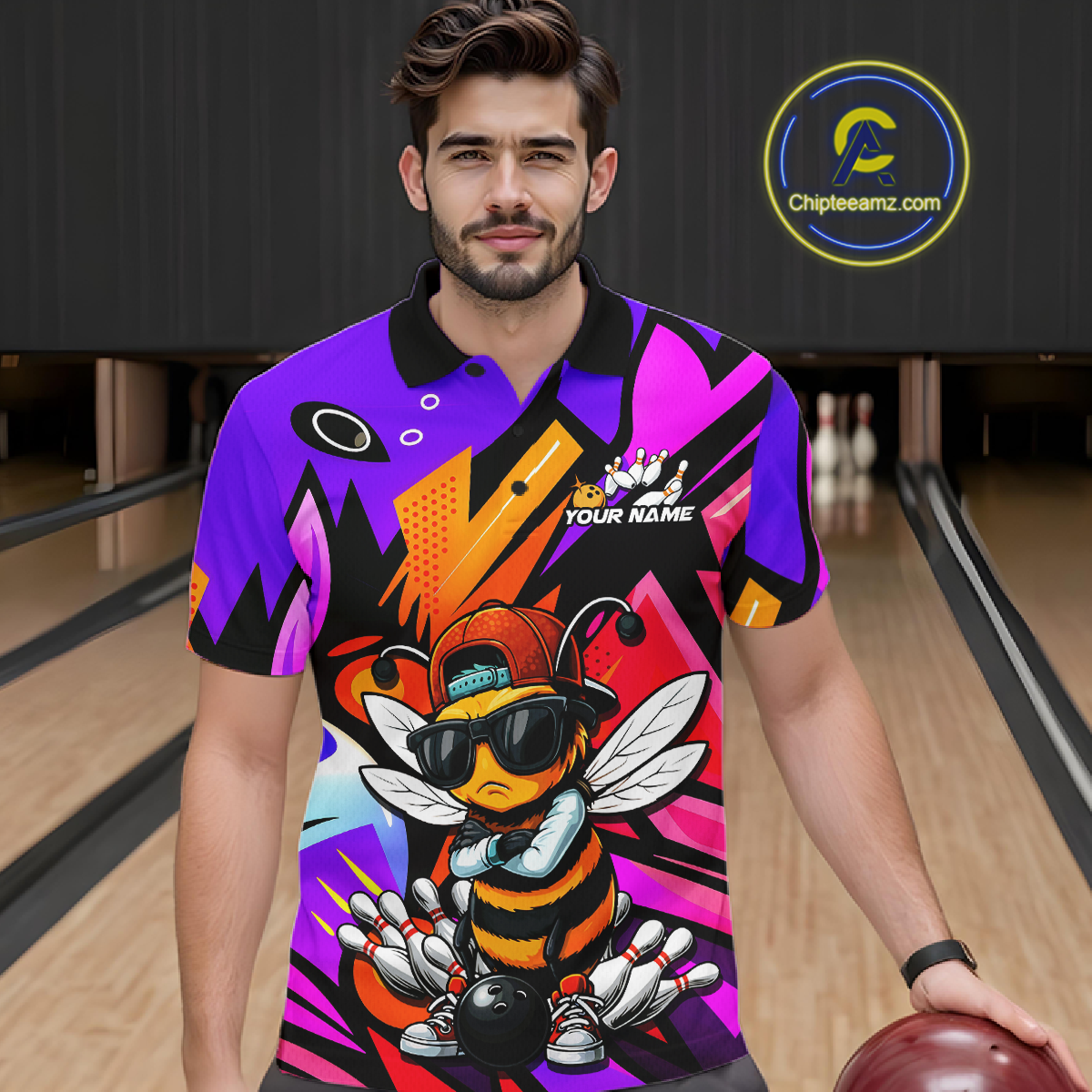 Custom Funny Bee Graffiti Pattern Bowling Jersey for Men Bowling Team Shirts Polo & 1/4 Zip HNT174