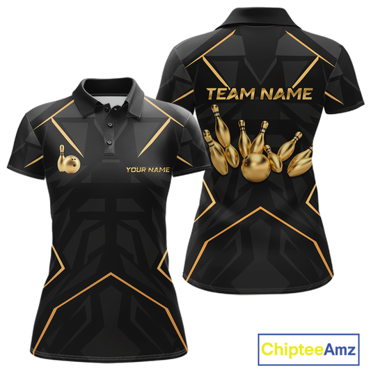 Custom Black and Gold Bowling Jersey for Women Bowling Team Shirts Bowling League Polo & 1/4 Zip HNT175