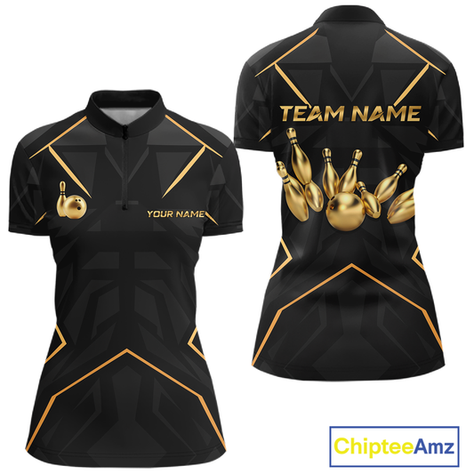 Custom Black and Gold Bowling Jersey for Women Bowling Team Shirts Bowling League Polo & 1/4 Zip HNT175