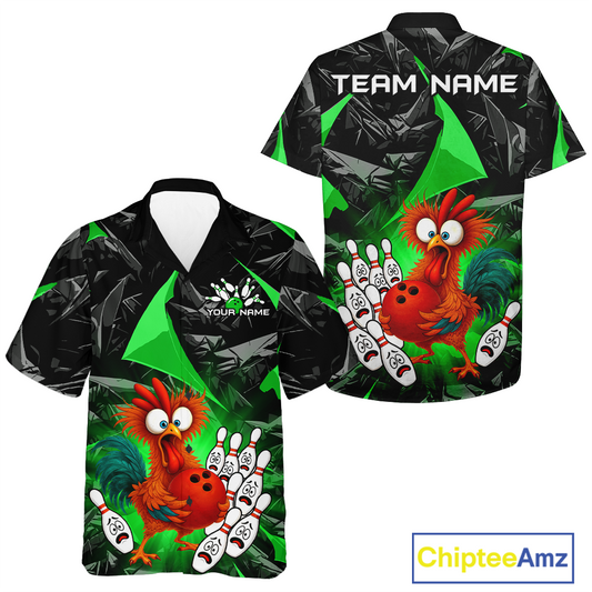 Custom Green Funny Chicken Hawaiian Bowling Jersey for Men Women Bowling Team Shirts HNT138