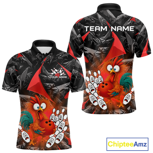 Custom Red Funny Chicken Bowling Jersey for Men Bowling Team Shirts  Polo & 1/4 Zip HNT138
