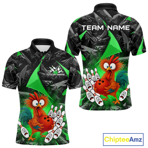 Custom Green Funny Chicken Bowling Jersey for Men Bowling Team Shirts  Polo & 1/4 Zip HNT138