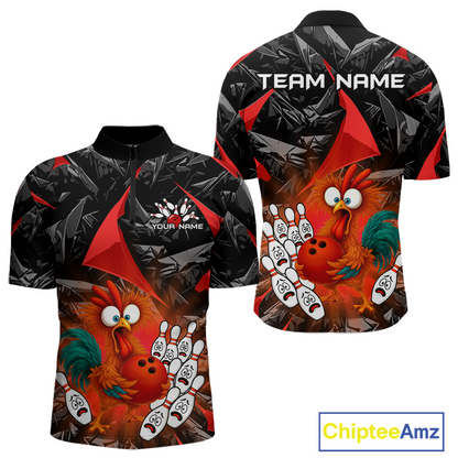 Custom Red Funny Chicken Bowling Jersey for Men Bowling Team Shirts  Polo & 1/4 Zip HNT138