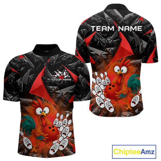Custom Red Funny Chicken Bowling Jersey for Men Bowling Team Shirts  Polo & 1/4 Zip HNT138