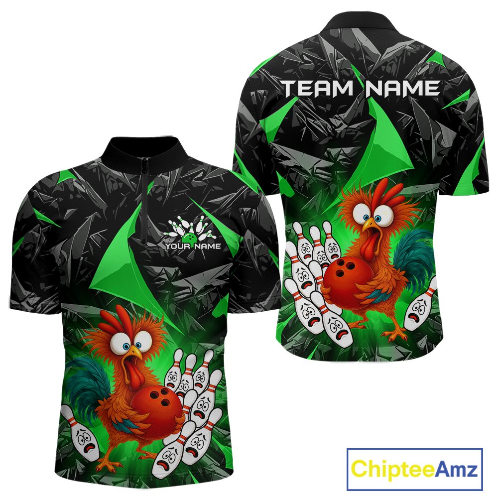 Custom Green Funny Chicken Bowling Jersey for Men Bowling Team Shirts  Polo & 1/4 Zip HNT138