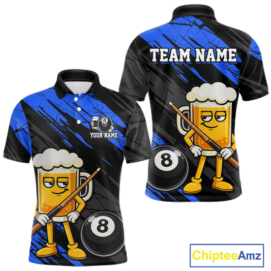 Custom Funny Blue Beer 8 Ball Pool Men Billiard Polo & 1/4 Zip, Billiard Shirt, Billiard Team Jerseys NNT146
