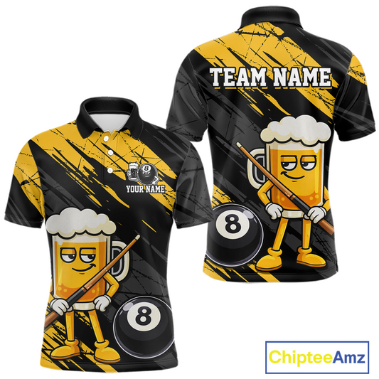 Custom Funny Yellow Beer 8 Ball Pool Men Billiard Polo & 1/4 Zip, Billiard Shirt, Billiard Team Jerseys NNT146