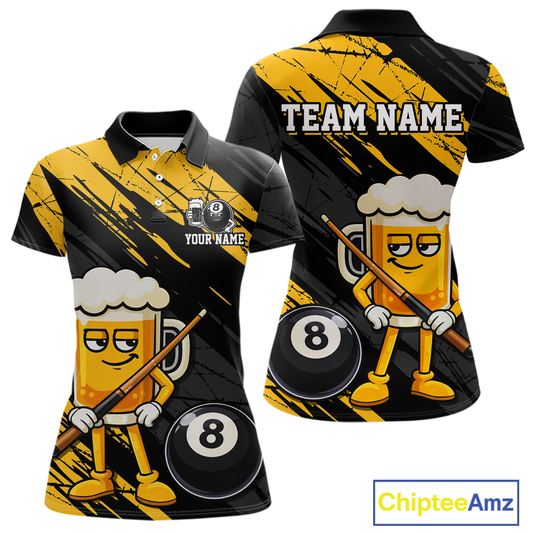 Custom Funny Yellow Beer 8 Ball Pool Women Billiard Polo & 1/4 Zip, Billiard Shirt, Billiard Team Jerseys NNT146