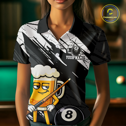 Custom Funny Black Beer 8 Ball Pool Women Billiard Polo & 1/4 Zip, Billiard Shirt, Billiard Team Jerseys NNT146