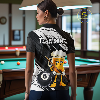 Custom Funny Black Beer 8 Ball Pool Women Billiard Polo & 1/4 Zip, Billiard Shirt, Billiard Team Jerseys NNT146