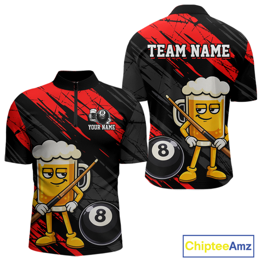 Custom Funny Red Beer 8 Ball Pool Men Billiard Polo & 1/4 Zip, Billiard Shirt, Billiard Team Jerseys NNT146