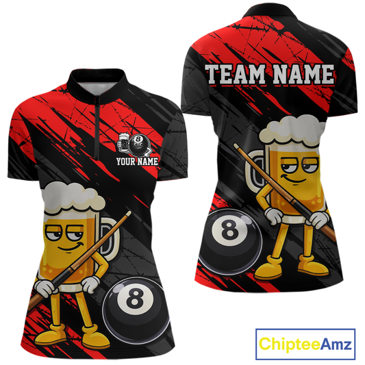 Custom Funny Red Beer 8 Ball Pool Women Billiard Polo & 1/4 Zip, Billiard Shirt, Billiard Team Jerseys NNT146