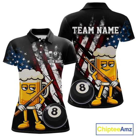 Custom Funny US Flag Beer 8 Ball Pool Women Billiard Polo & 1/4 Zip, Billiard Shirt, Billiard Team Jerseys NNT146