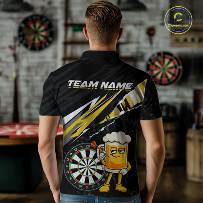 Custom Yellow Funny Beer Dart Shirts for Men Darts Team Jerseys Dart Tournament Polo & 1/4 Zip NNT139
