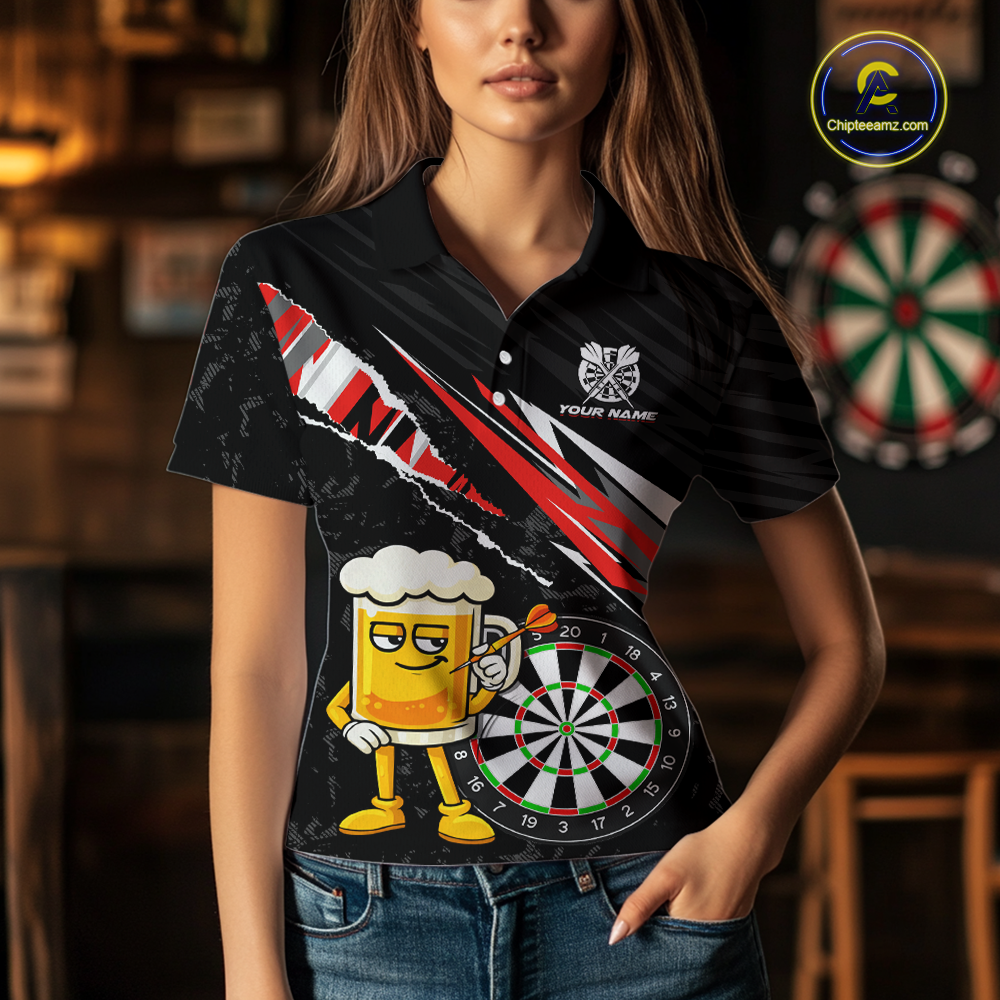 Custom Red Funny Beer Dart Shirts for Women Darts Team Jerseys Dart Tournament Polo & 1/4 Zip NNT139