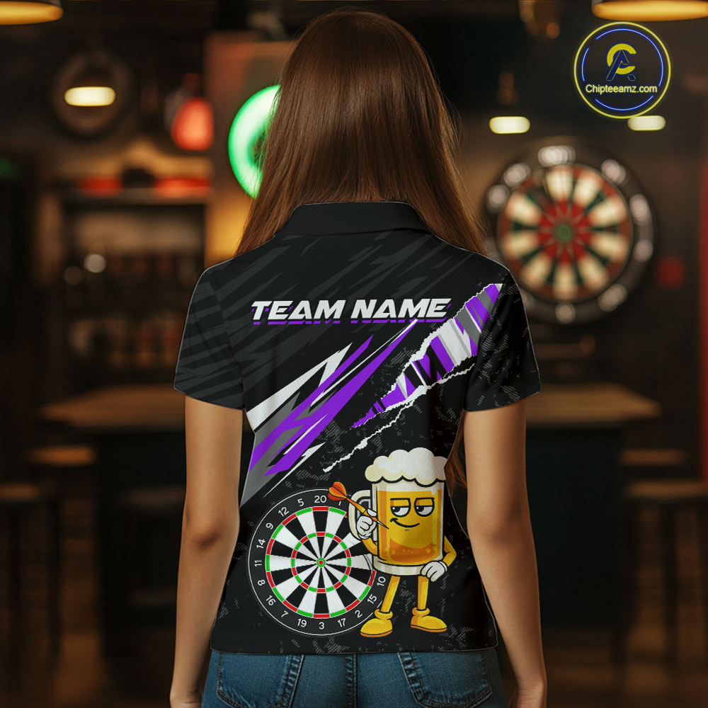 Custom Purple Funny Beer Dart Shirts for Women Darts Team Jerseys Dart Tournament Polo & 1/4 Zip NNT139