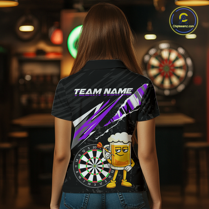 Custom Purple Funny Beer Dart Shirts for Women Darts Team Jerseys Dart Tournament Polo & 1/4 Zip NNT139