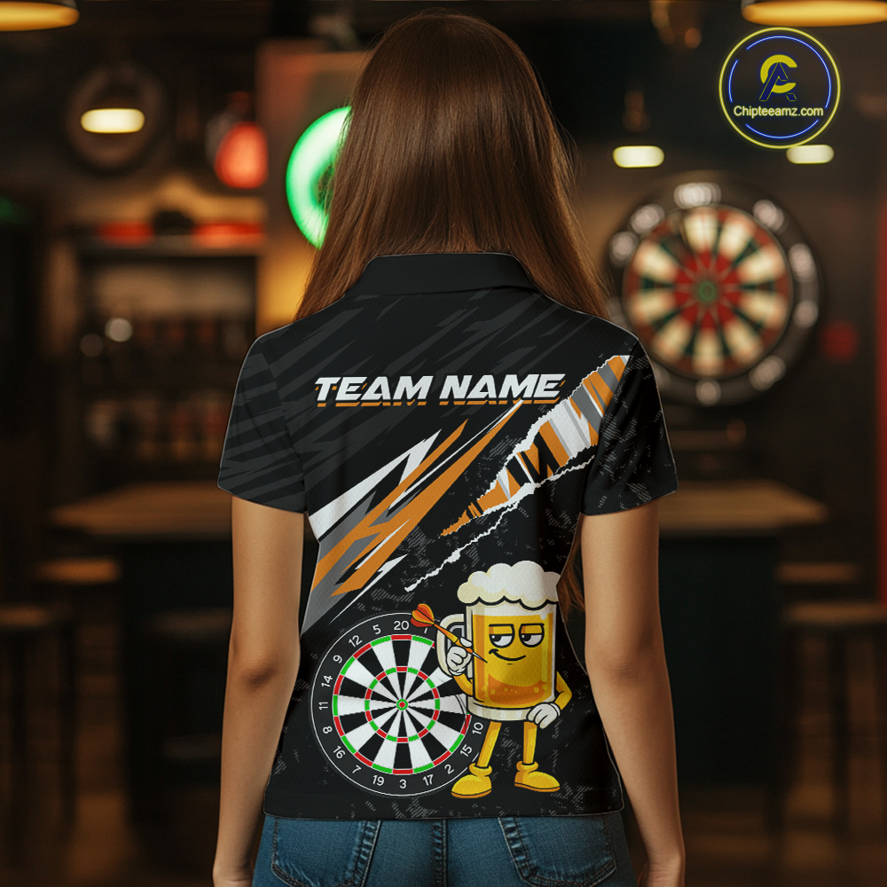 Custom Orange Funny Beer Dart Shirts for Women Darts Team Jerseys Dart Tournament Polo & 1/4 Zip NNT139