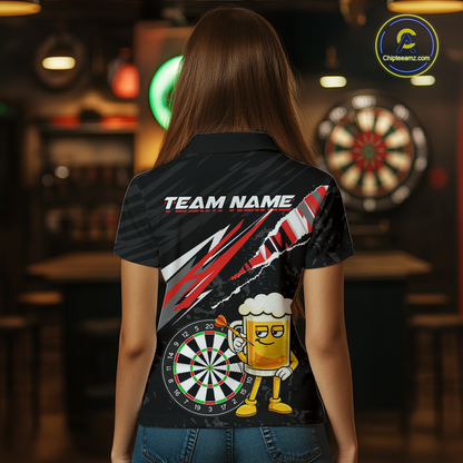 Custom Red Funny Beer Dart Shirts for Women Darts Team Jerseys Dart Tournament Polo & 1/4 Zip NNT139