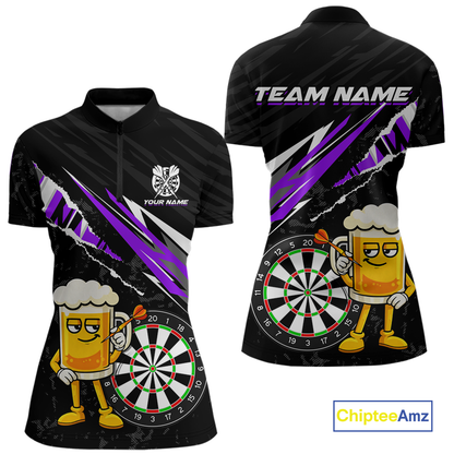 Custom Purple Funny Beer Dart Shirts for Women Darts Team Jerseys Dart Tournament Polo & 1/4 Zip NNT139