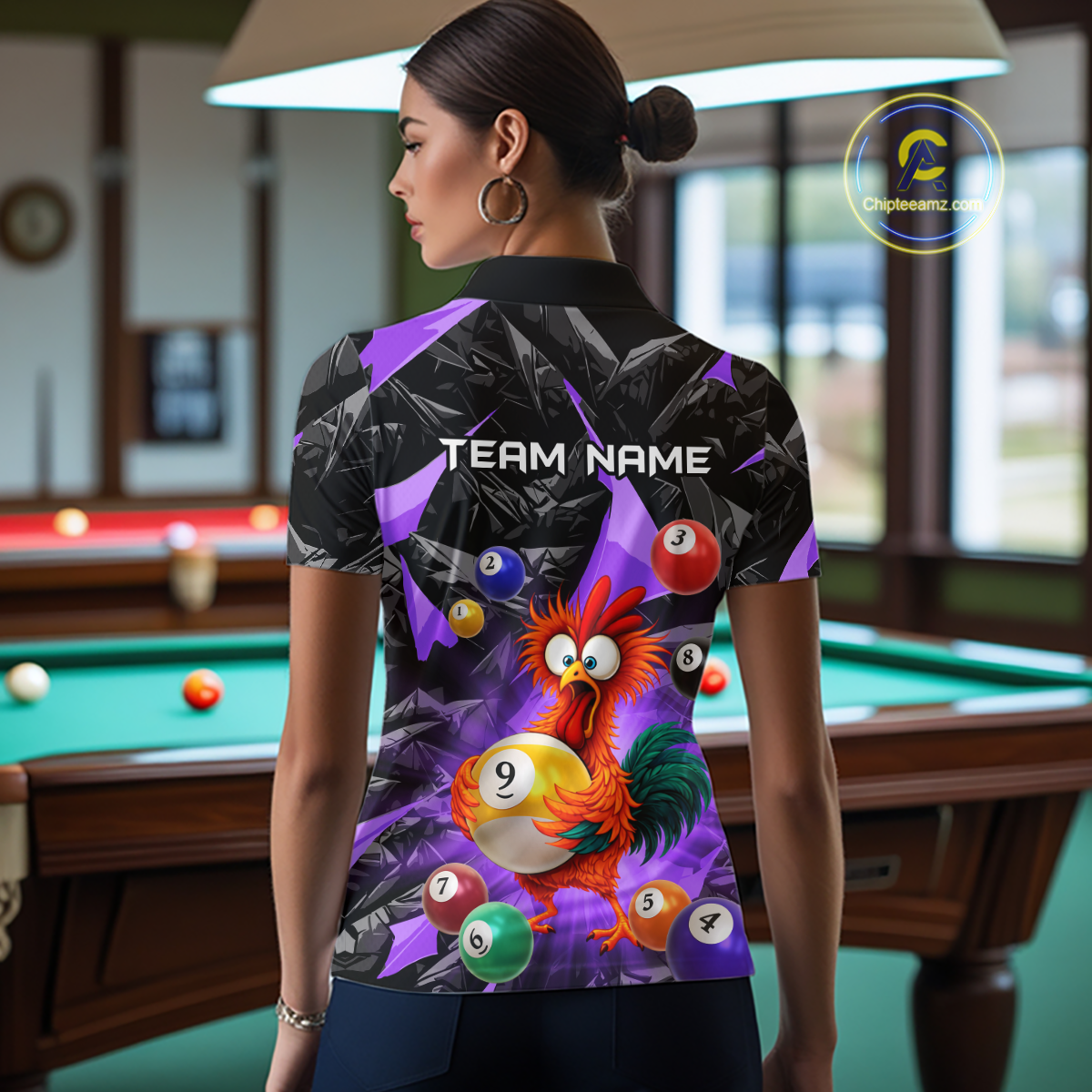 Custom Funny Purple Chicken 9 Ball Pool Billiard Shirt for Women Polo & 1/4 Zip, Billiard Team Jerseys NNT157