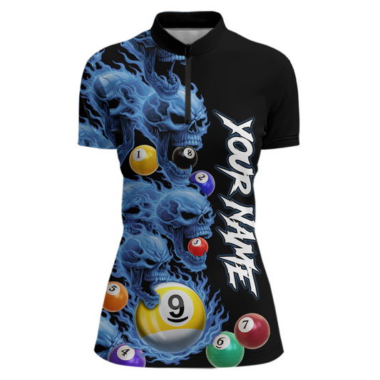 Custom Blue Flame Skull 9 Ball Pool Billiard Shirt for Women Polo & 1/4 Zip, Billiard Team Jerseys NNT1159