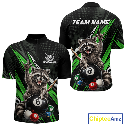 Custom Green Funny Raccoon 8 Ball Billiard Shirt for Men Billiard Team Jersey Billiard League NNT191