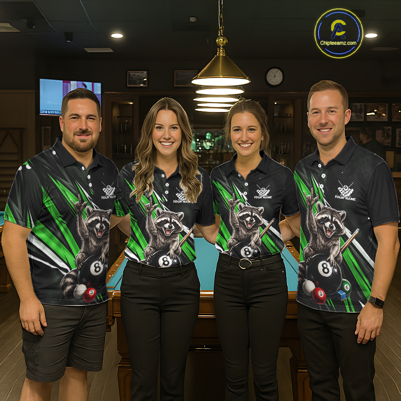 Custom Green Funny Raccoon 8 Ball Billiard Shirt for Men Billiard Team Jersey Billiard League NNT191